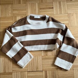 Cropped Striped Knit Sweater - Brown and Cream